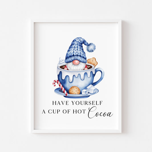 Hot chocolate print, Christmas Gonk gnome blue cup of cocoa festive unframed wall art