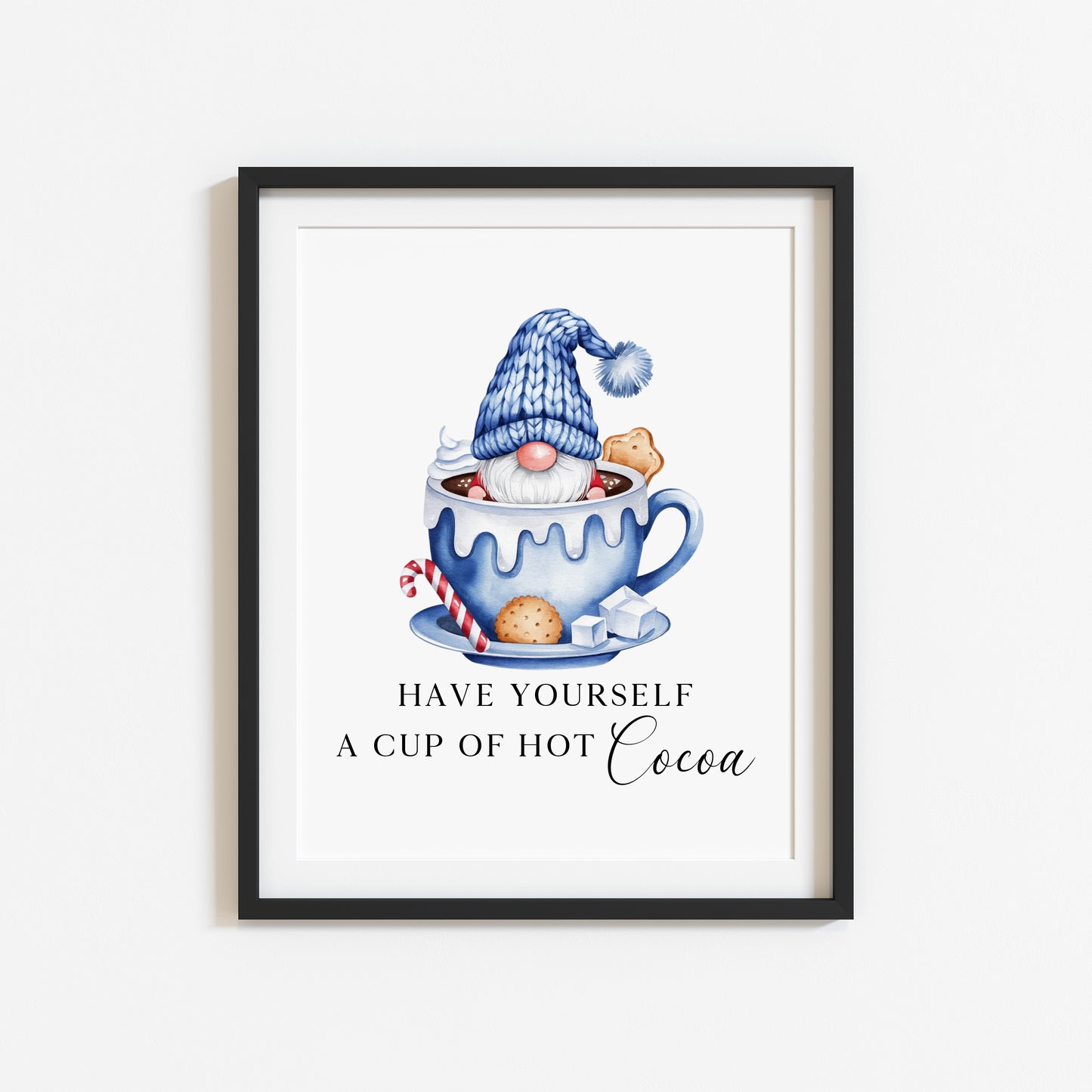 Hot chocolate print, Christmas Gonk gnome blue cup of cocoa festive unframed wall art