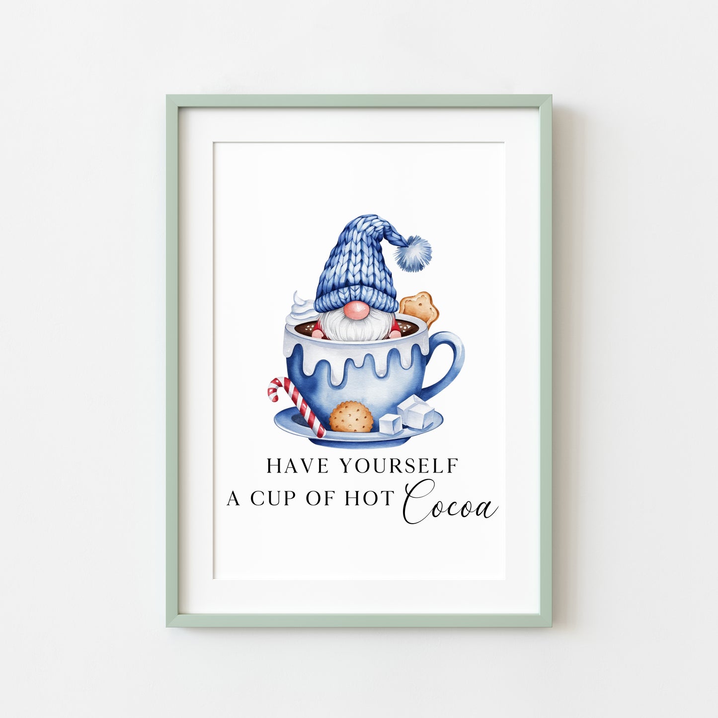 Hot chocolate print, Christmas Gonk gnome blue cup of cocoa festive unframed wall art
