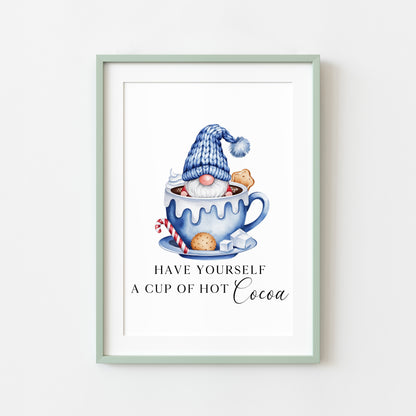 Hot chocolate print, Christmas Gonk gnome blue cup of cocoa festive unframed wall art