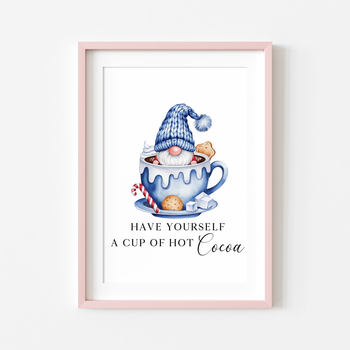 Hot chocolate print, Christmas Gonk gnome blue cup of cocoa festive unframed wall art