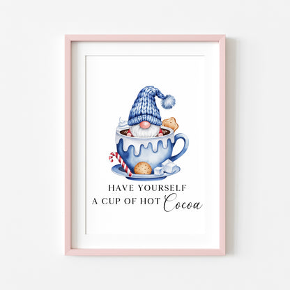 Hot chocolate print, Christmas Gonk gnome blue cup of cocoa festive unframed wall art