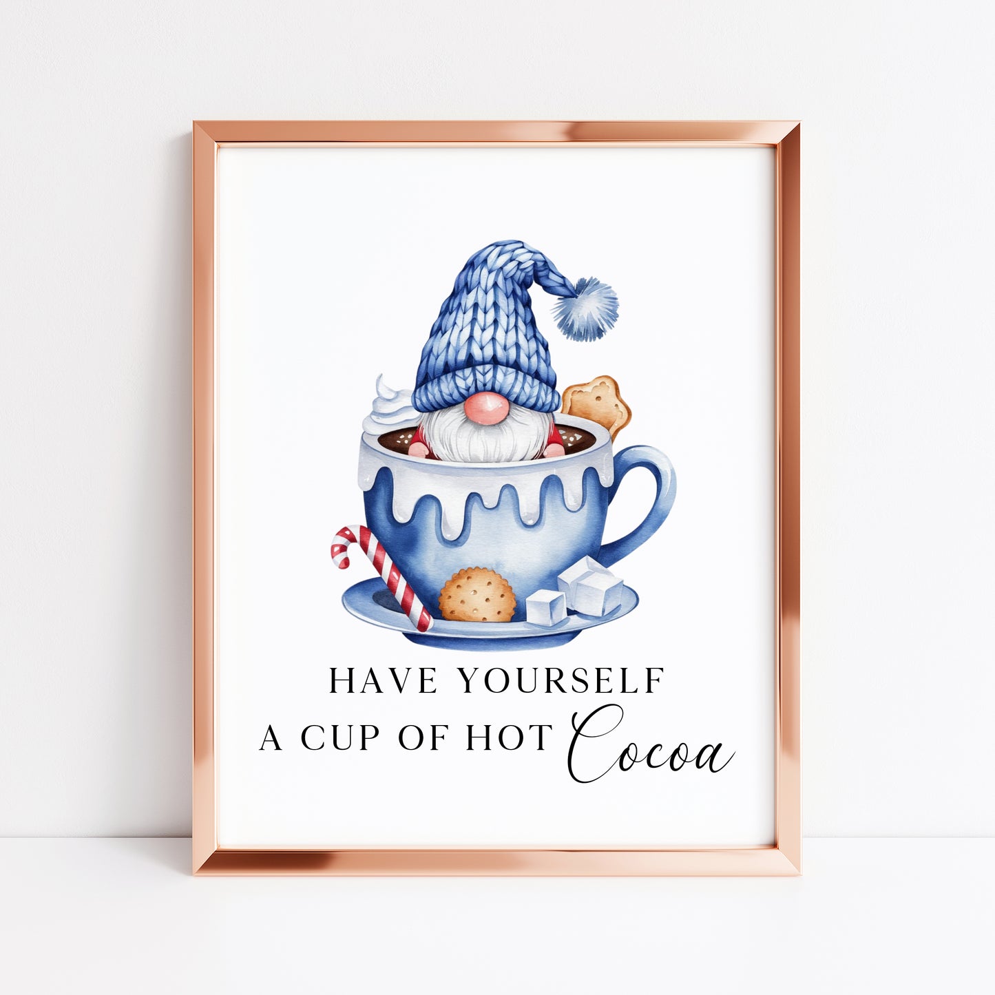 Hot chocolate print, Christmas Gonk gnome blue cup of cocoa festive unframed wall art