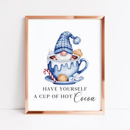 Hot chocolate print, Christmas Gonk gnome blue cup of cocoa festive unframed wall art