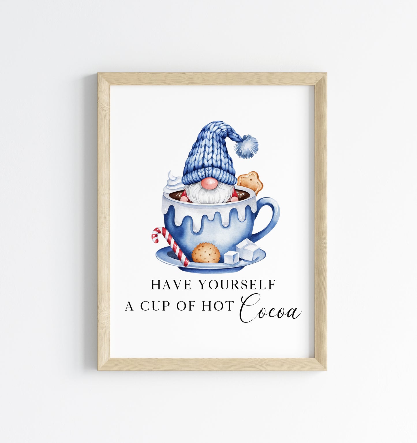 Hot chocolate print, Christmas Gonk gnome blue cup of cocoa festive unframed wall art