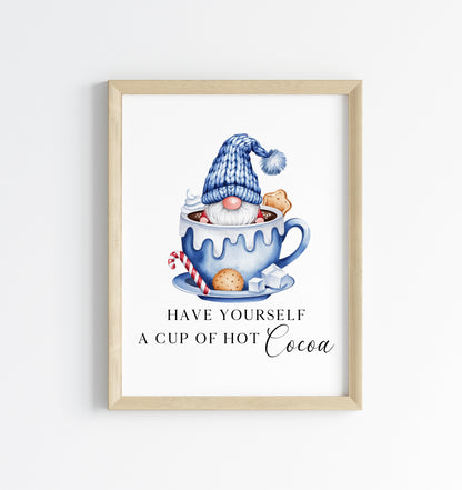 Hot chocolate print, Christmas Gonk gnome blue cup of cocoa festive unframed wall art