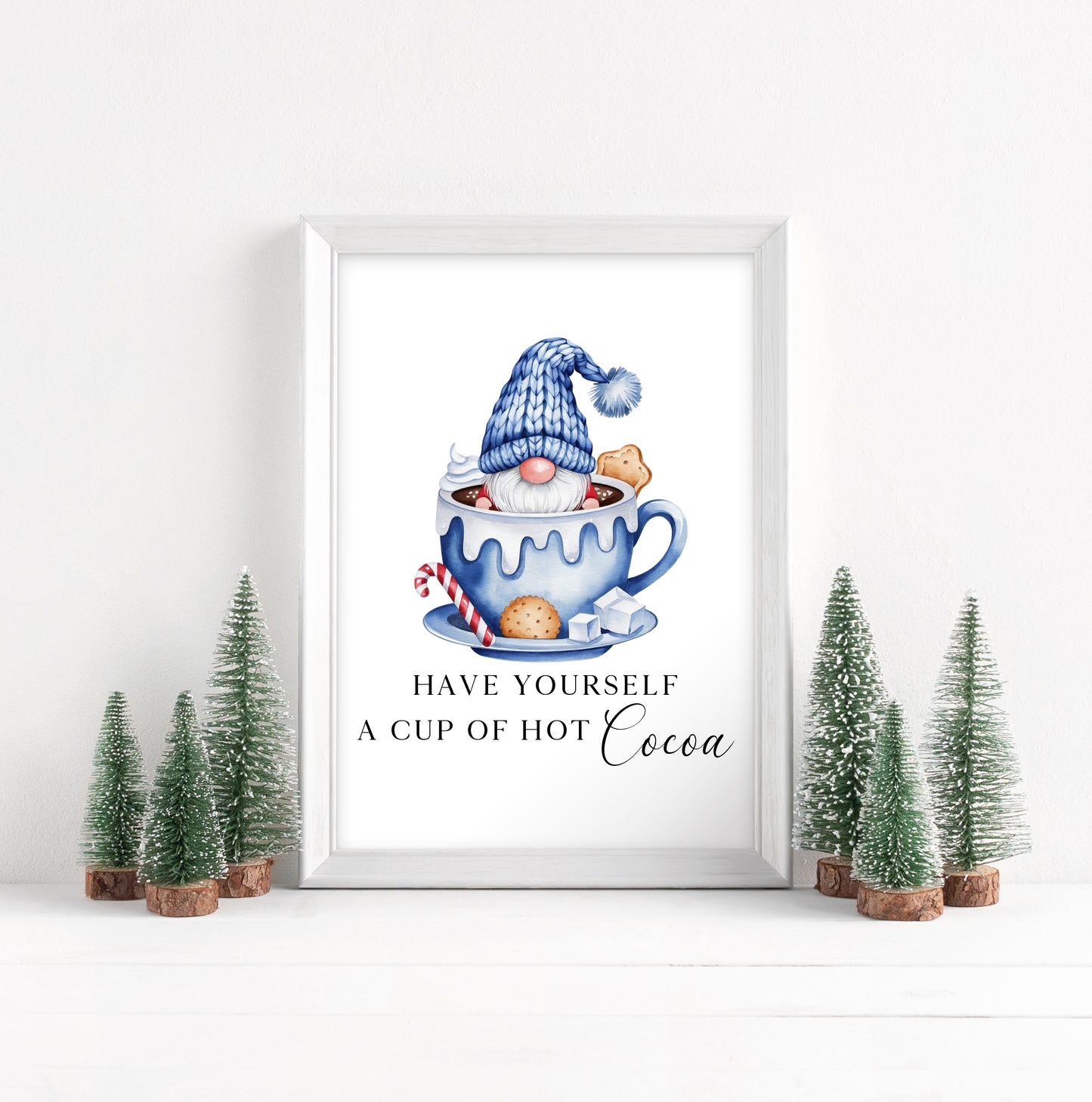 Hot chocolate print, Christmas Gonk gnome blue cup of cocoa festive unframed wall art