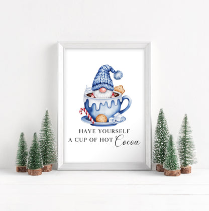 Hot chocolate print, Christmas Gonk gnome blue cup of cocoa festive unframed wall art