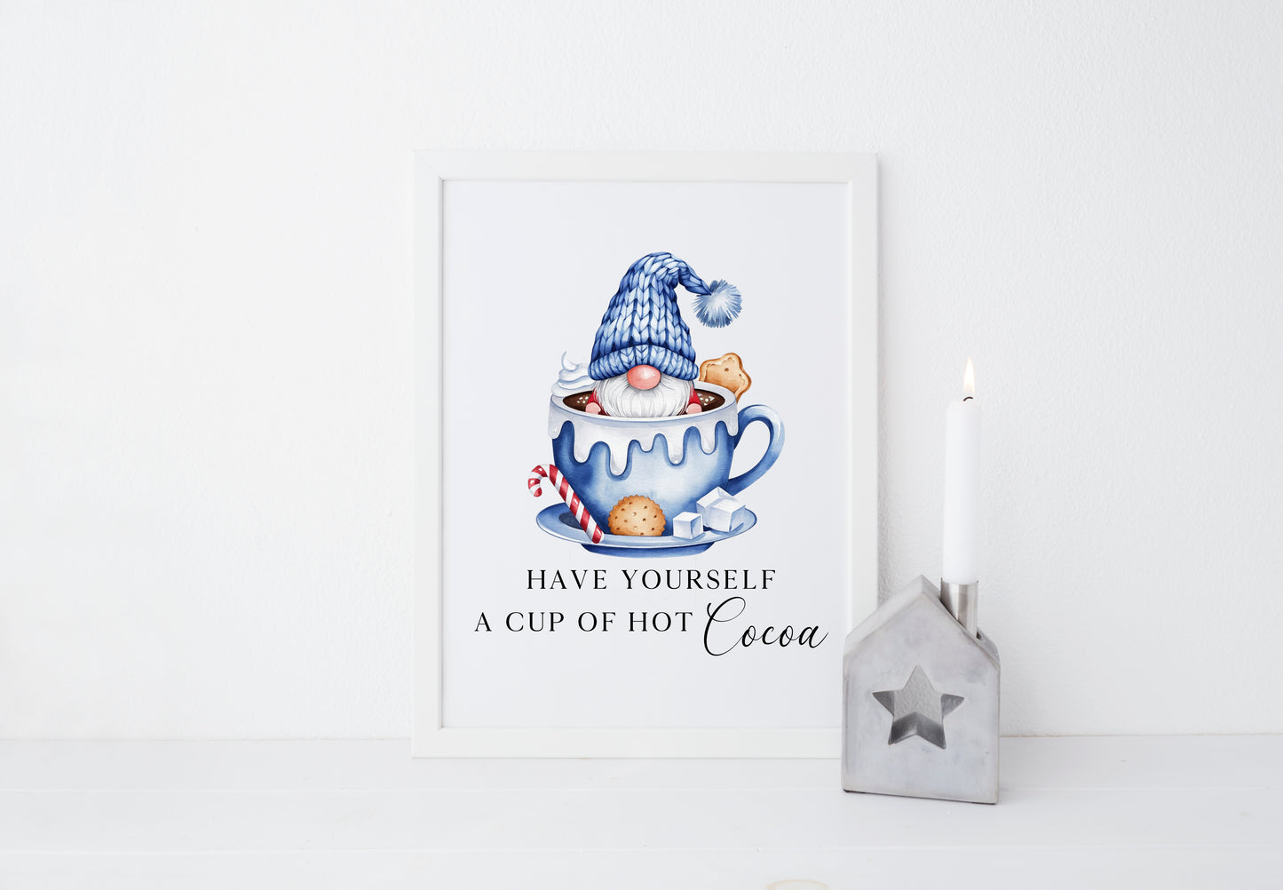 Hot chocolate print, Christmas Gonk gnome blue cup of cocoa festive unframed wall art