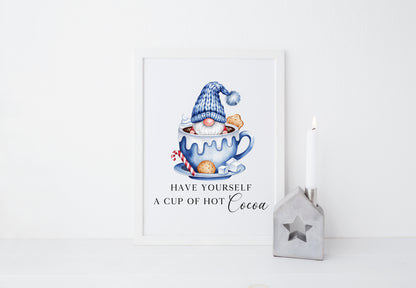 Hot chocolate print, Christmas Gonk gnome blue cup of cocoa festive unframed wall art