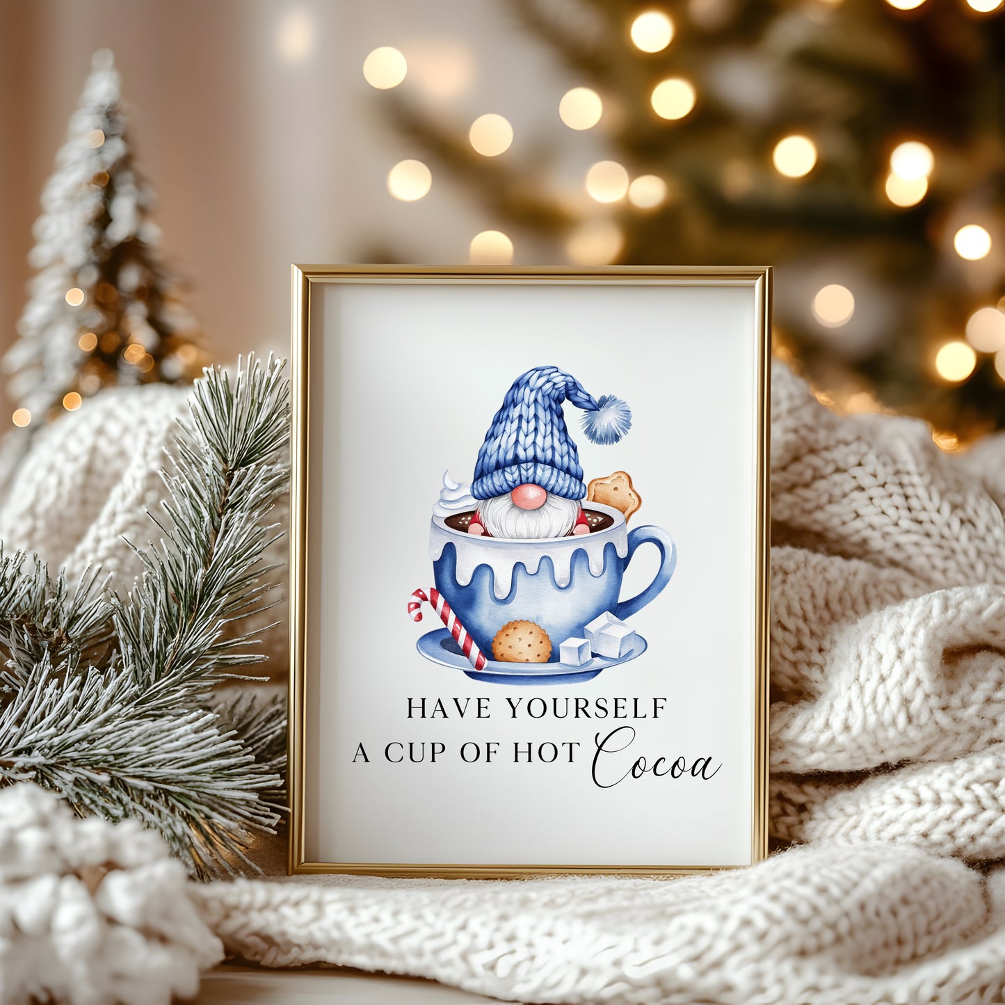 Hot chocolate print, Christmas Gonk gnome blue cup of cocoa festive unframed wall art