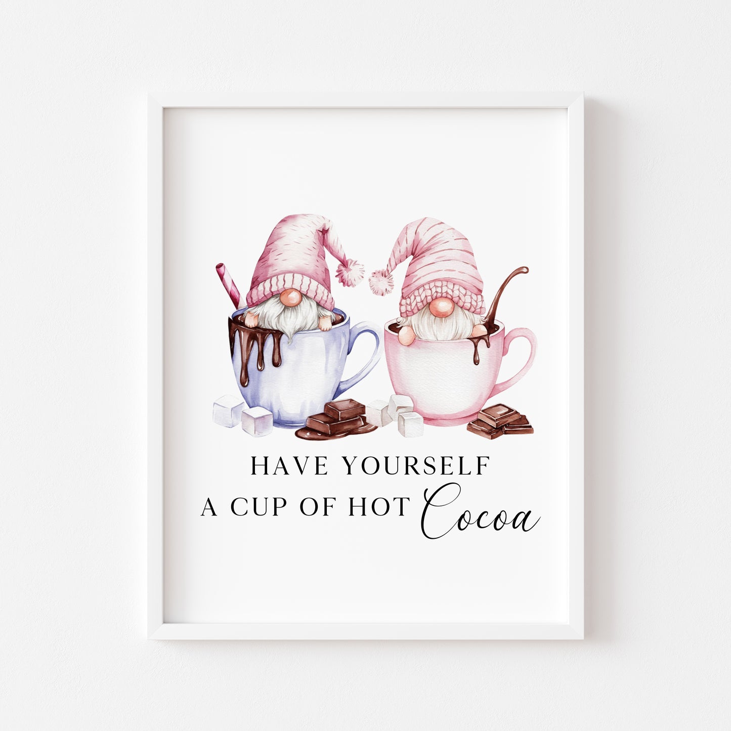 Hot chocolate print, Christmas Gonk gnomes pink blue cup of cocoa unframed wall art