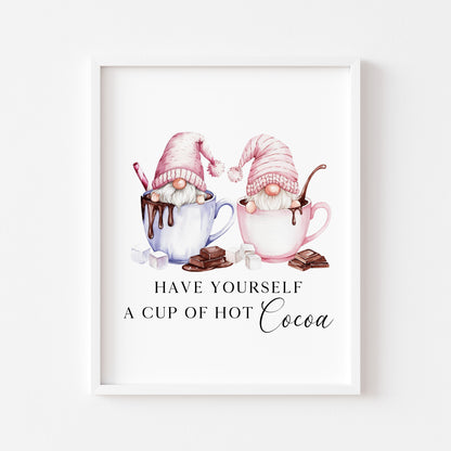 Hot chocolate print, Christmas Gonk gnomes pink blue cup of cocoa unframed wall art