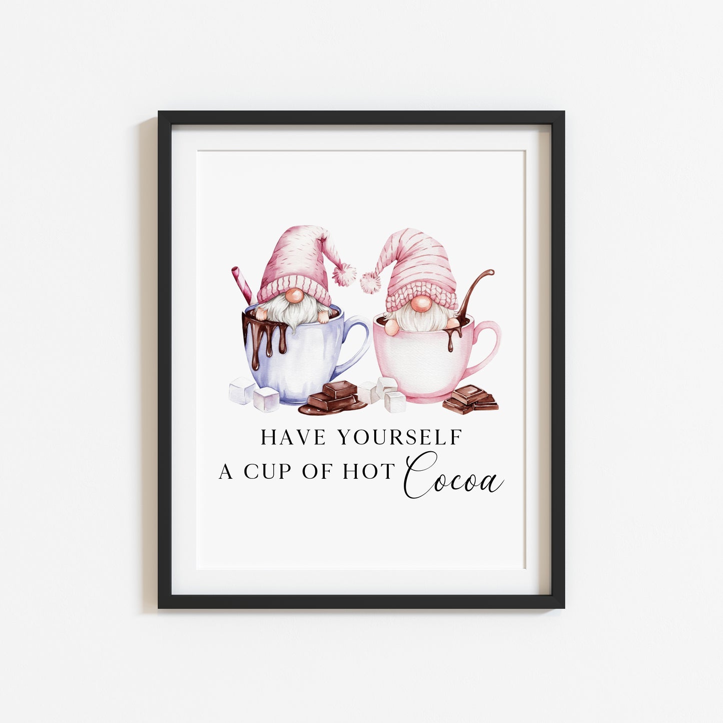 Hot chocolate print, Christmas Gonk gnomes pink blue cup of cocoa unframed wall art