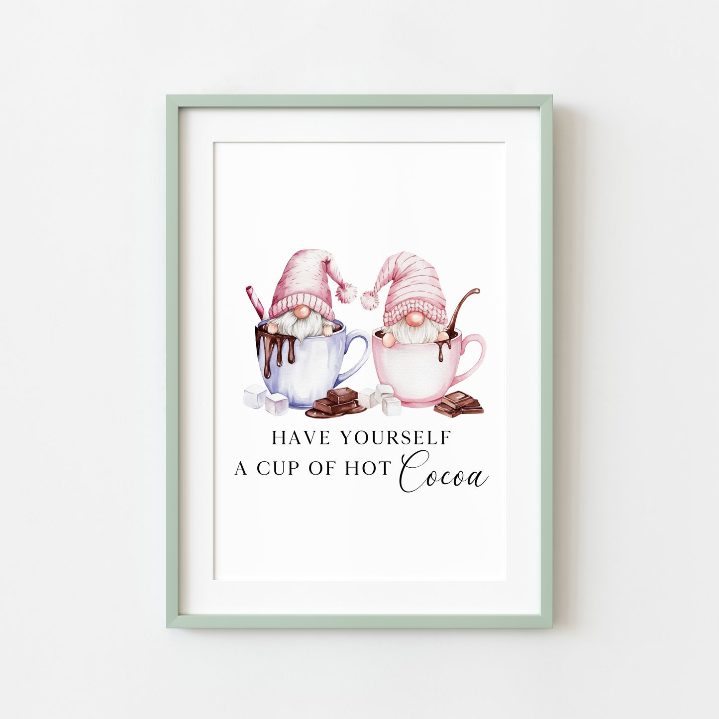 Hot chocolate print, Christmas Gonk gnomes pink blue cup of cocoa unframed wall art