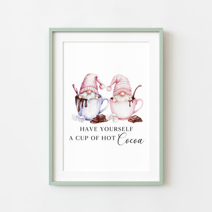 Hot chocolate print, Christmas Gonk gnomes pink blue cup of cocoa unframed wall art