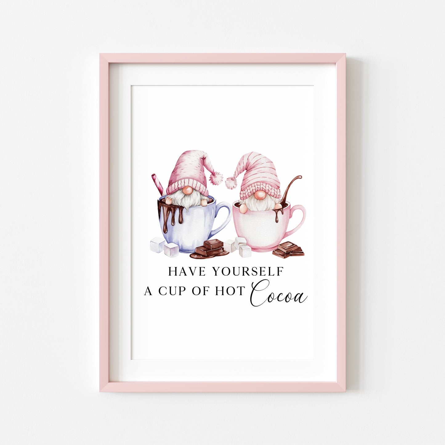 Hot chocolate print, Christmas Gonk gnomes pink blue cup of cocoa unframed wall art