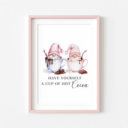 Hot chocolate print, Christmas Gonk gnomes pink blue cup of cocoa unframed wall art