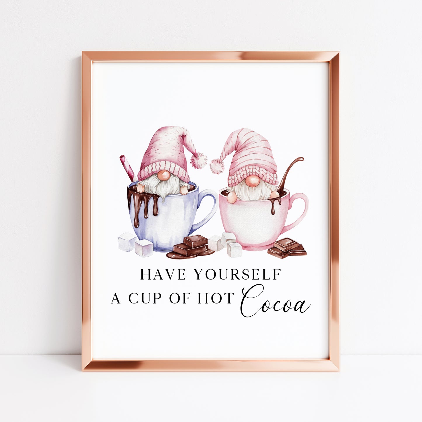 Hot chocolate print, Christmas Gonk gnomes pink blue cup of cocoa unframed wall art