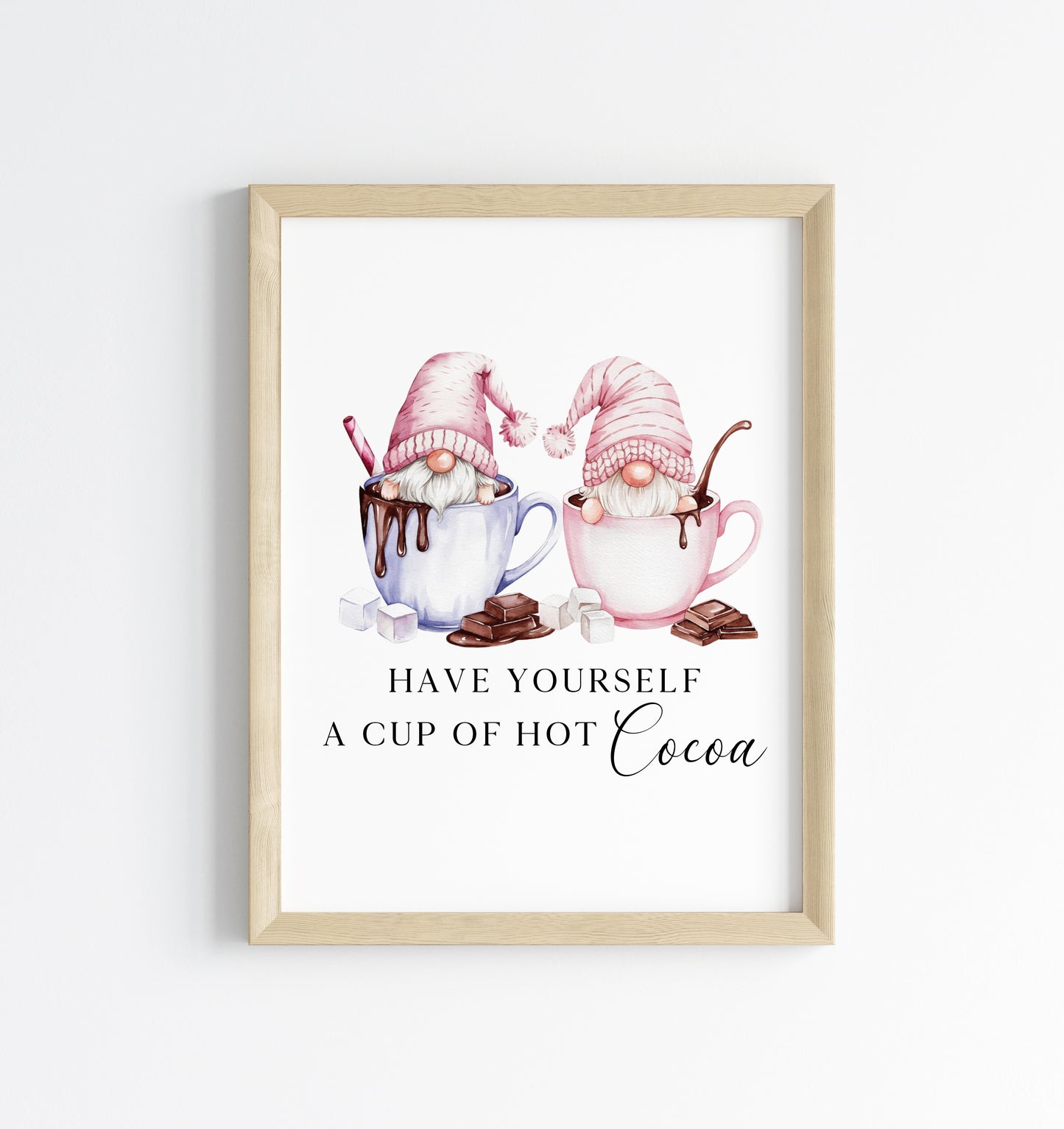 Hot chocolate print, Christmas Gonk gnomes pink blue cup of cocoa unframed wall art