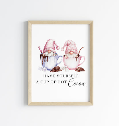Hot chocolate print, Christmas Gonk gnomes pink blue cup of cocoa unframed wall art