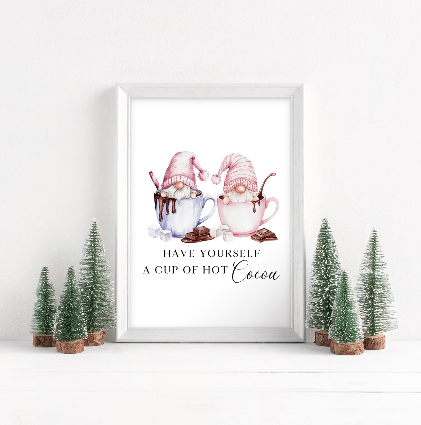 Hot chocolate print, Christmas Gonk gnomes pink blue cup of cocoa unframed wall art