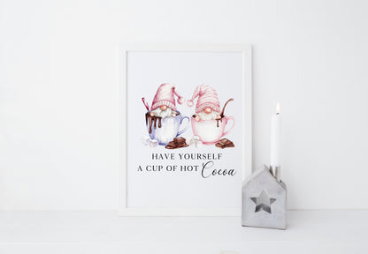 Hot chocolate print, Christmas Gonk gnomes pink blue cup of cocoa unframed wall art