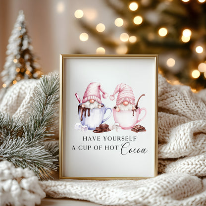 Hot chocolate print, Christmas Gonk gnomes pink blue cup of cocoa unframed wall art