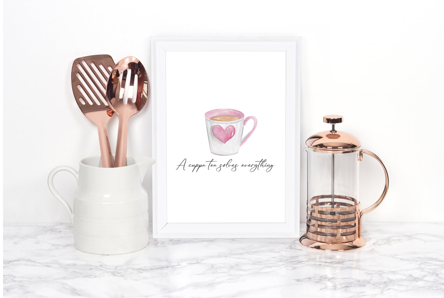 A cup of Tea solves everything cute pink heart cup unframed wall art poster print