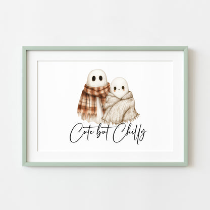 Halloween Autumn cute but chilly humorous ghosts with scarfs Print unframed wall art poster print