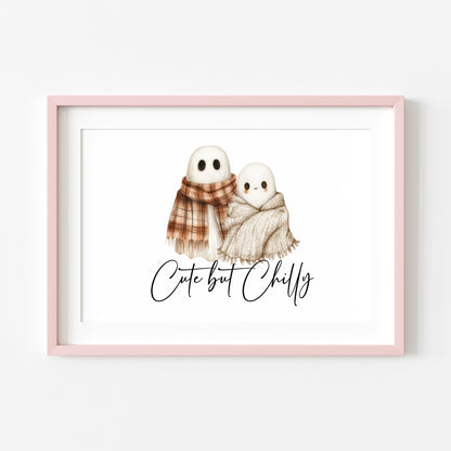 Halloween Autumn cute but chilly humorous ghosts with scarfs Print unframed wall art poster print