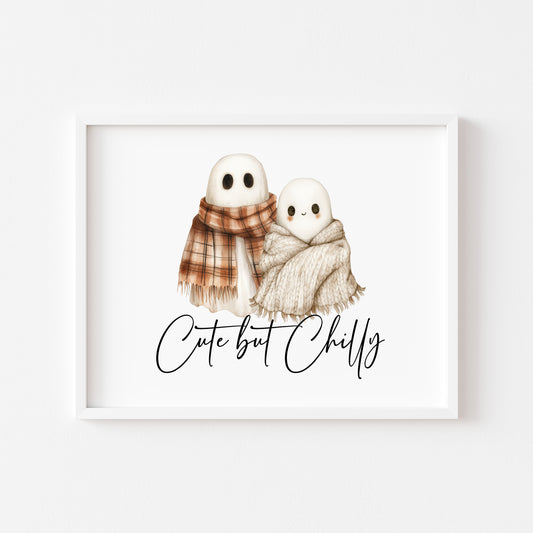 Halloween Autumn cute but chilly humorous ghosts with scarfs Print unframed wall art poster print