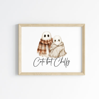 Halloween Autumn cute but chilly humorous ghosts with scarfs Print unframed wall art poster print