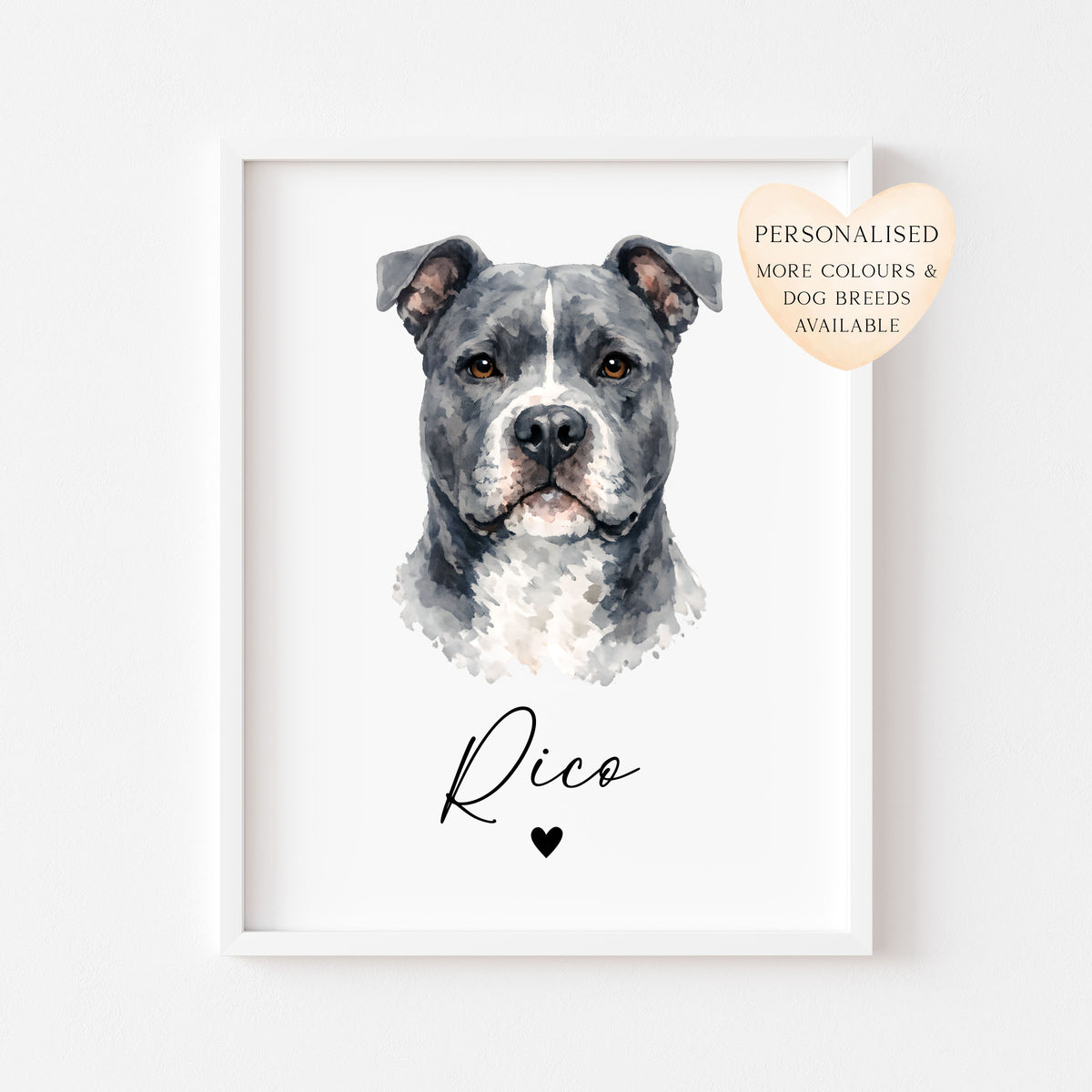 Personalised AmStaff Dog Print Custom Name Pet portrait watercolour unframed wall art poster
