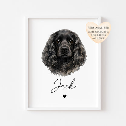 Personalised Cocker Spaniel Dog Print Custom Name Pet portrait watercolour unframed wall art