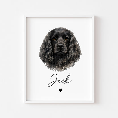 Personalised Cocker Spaniel Dog Print Custom Name Pet portrait watercolour unframed wall art