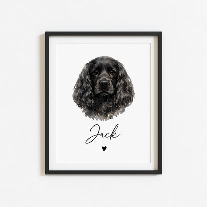 Personalised Cocker Spaniel Dog Print Custom Name Pet portrait watercolour unframed wall art