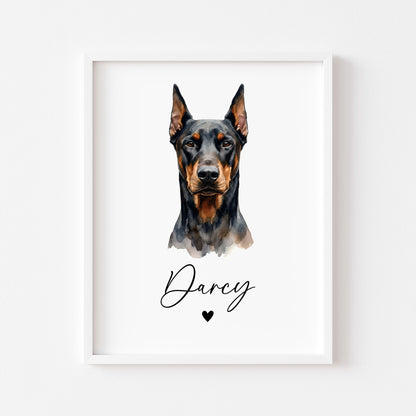 Personalised Doberman dog Print Custom Name Pet portrait - 4 options unframed wall art