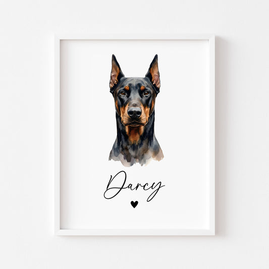 Personalised Doberman dog Print Custom Name Pet portrait - 4 options unframed wall art