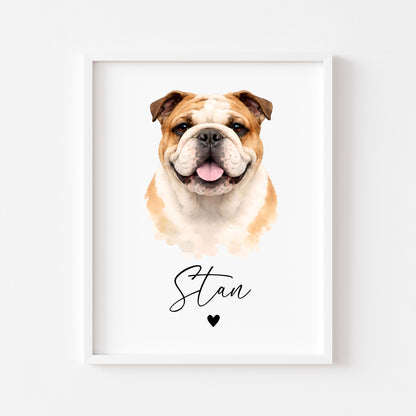 Personalised English Bulldog dog Dog Print Custom Name Pet portrait watercolour unframed wall art