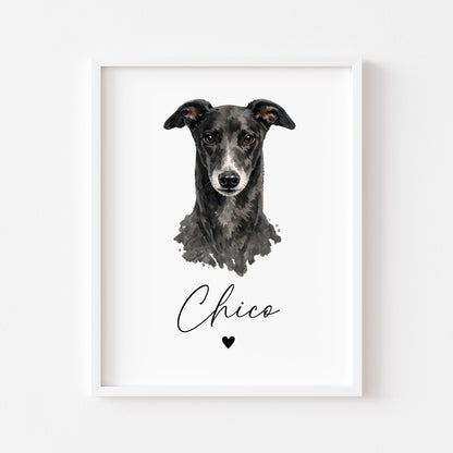 Personalised Grey Hound Print Custom Name Pet portrait - 4 colours, unframed wall art
