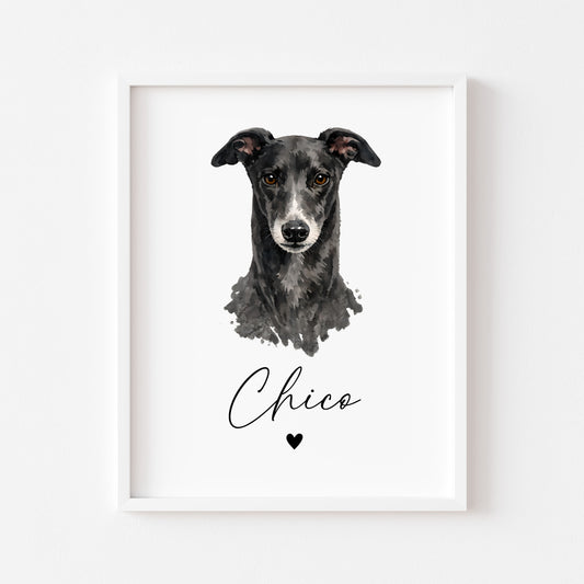 Personalised Grey Hound Print Custom Name Pet portrait - 4 colours, unframed wall art