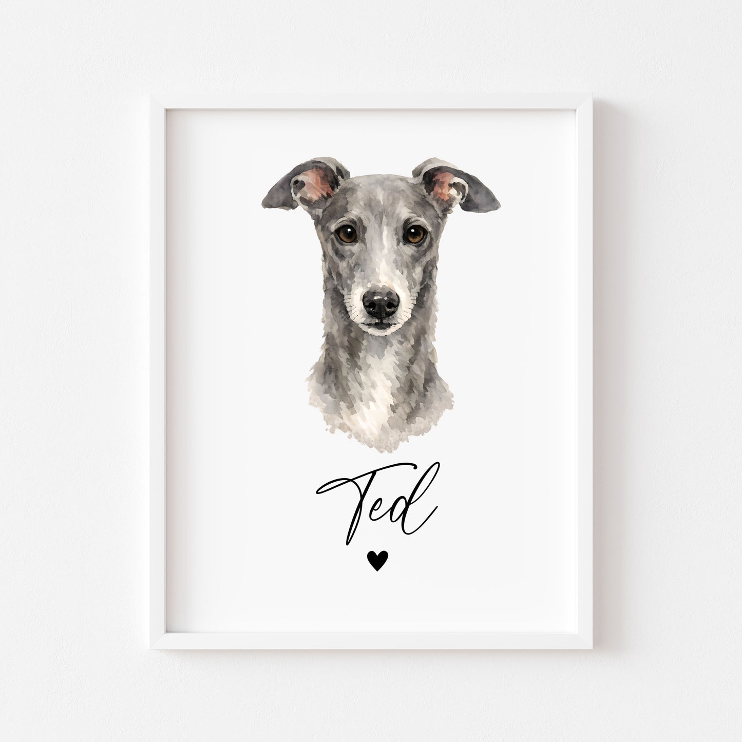 Personalised Grey Hound Print Custom Name Pet portrait - 4 colours, unframed wall art