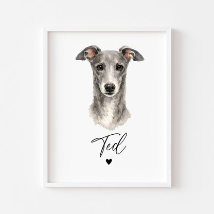 Personalised Grey Hound Print Custom Name Pet portrait - 4 colours, unframed wall art