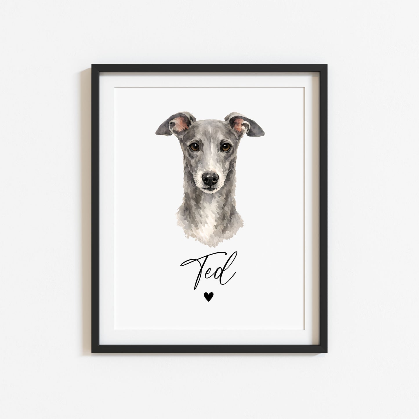 Personalised Grey Hound Print Custom Name Pet portrait - 4 colours, unframed wall art