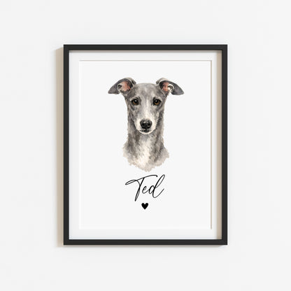 Personalised Grey Hound Print Custom Name Pet portrait - 4 colours, unframed wall art