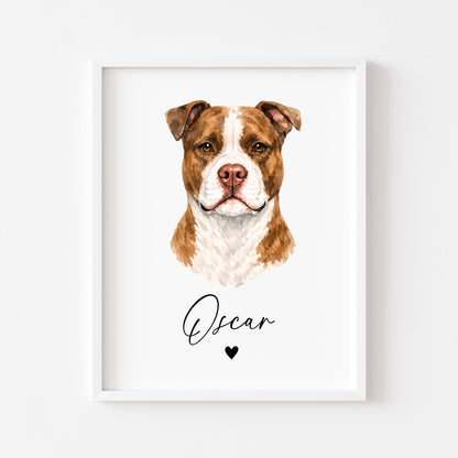 Personalised Pit bull Dog Print Custom Name Pet portrait watercolour unframed wall art poster