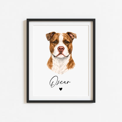 Personalised Pit bull Dog Print Custom Name Pet portrait watercolour unframed wall art poster
