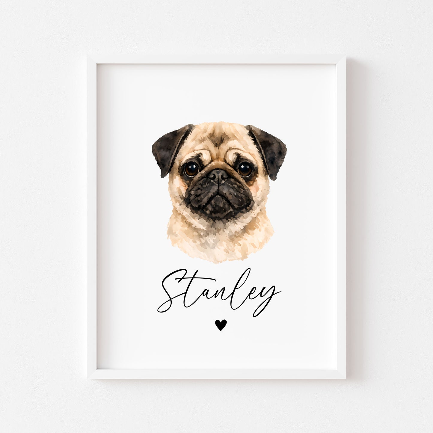 Personalised Pug Print Custom Name Pet portrait - 3 colours, unframed wall art
