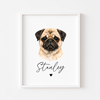 Personalised Pug Print Custom Name Pet portrait - 3 colours, unframed wall art